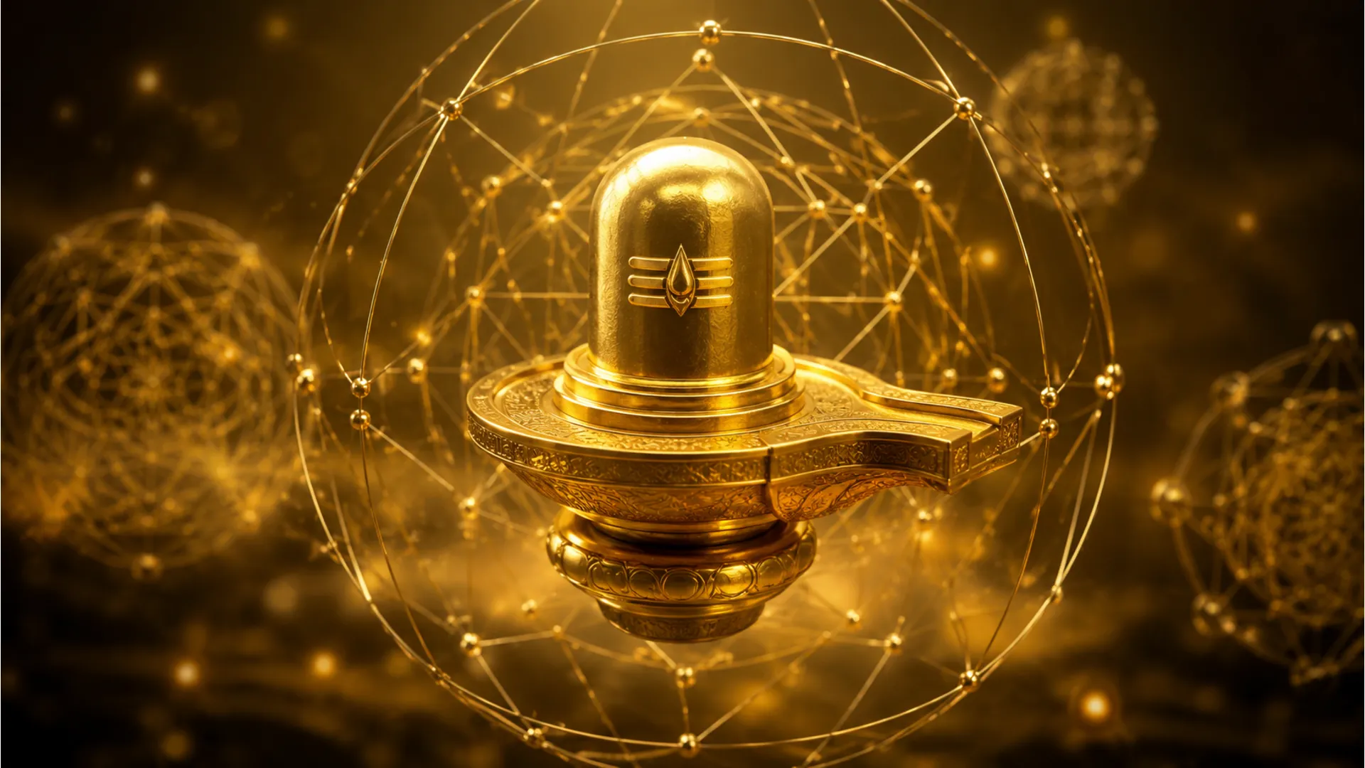 Abstract floating 3D golden Shivling with sacred geometry patterns