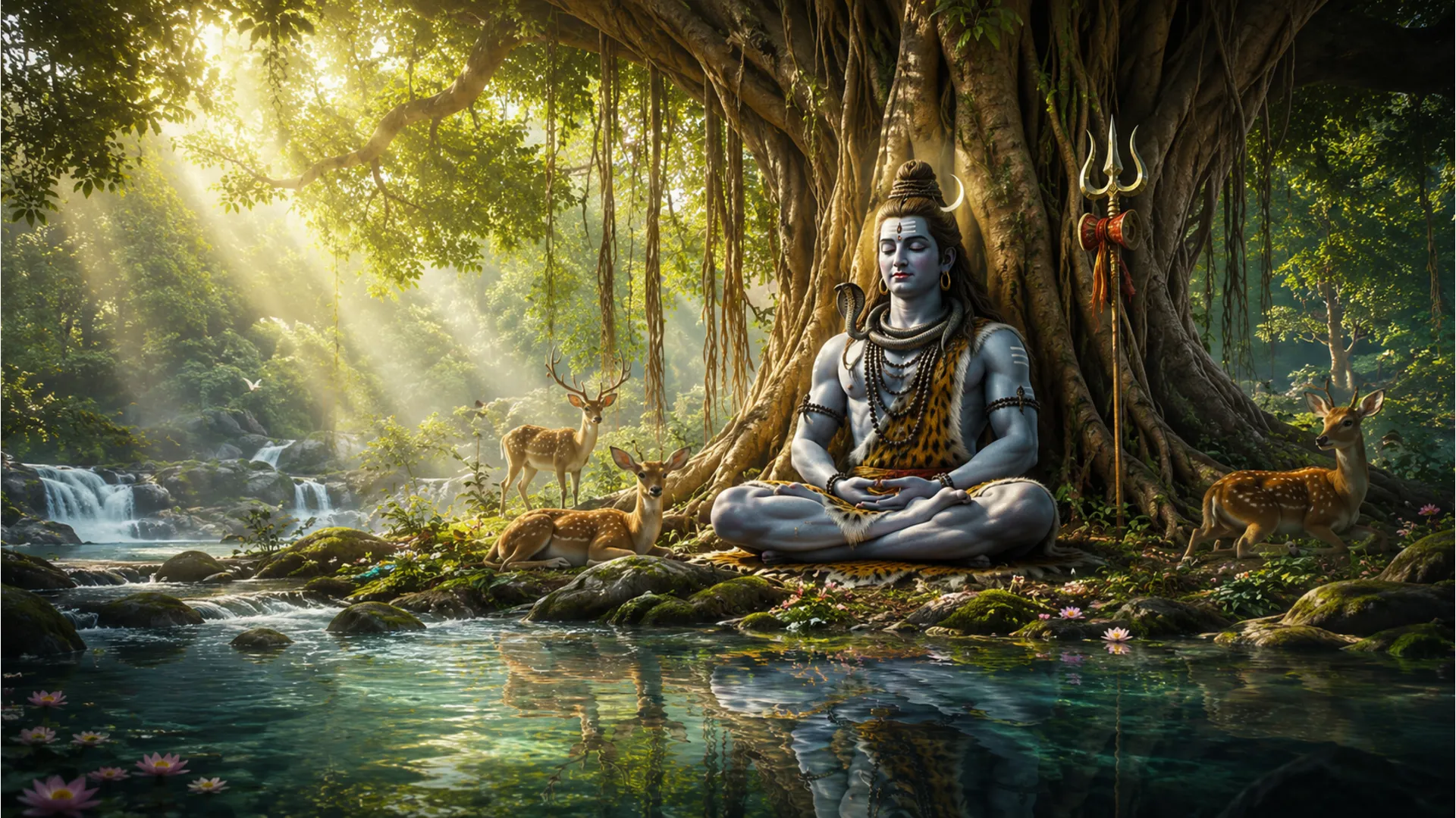 Lord Shiva meditating under a sacred banyan tree in a lush green forest, HD 1080p.