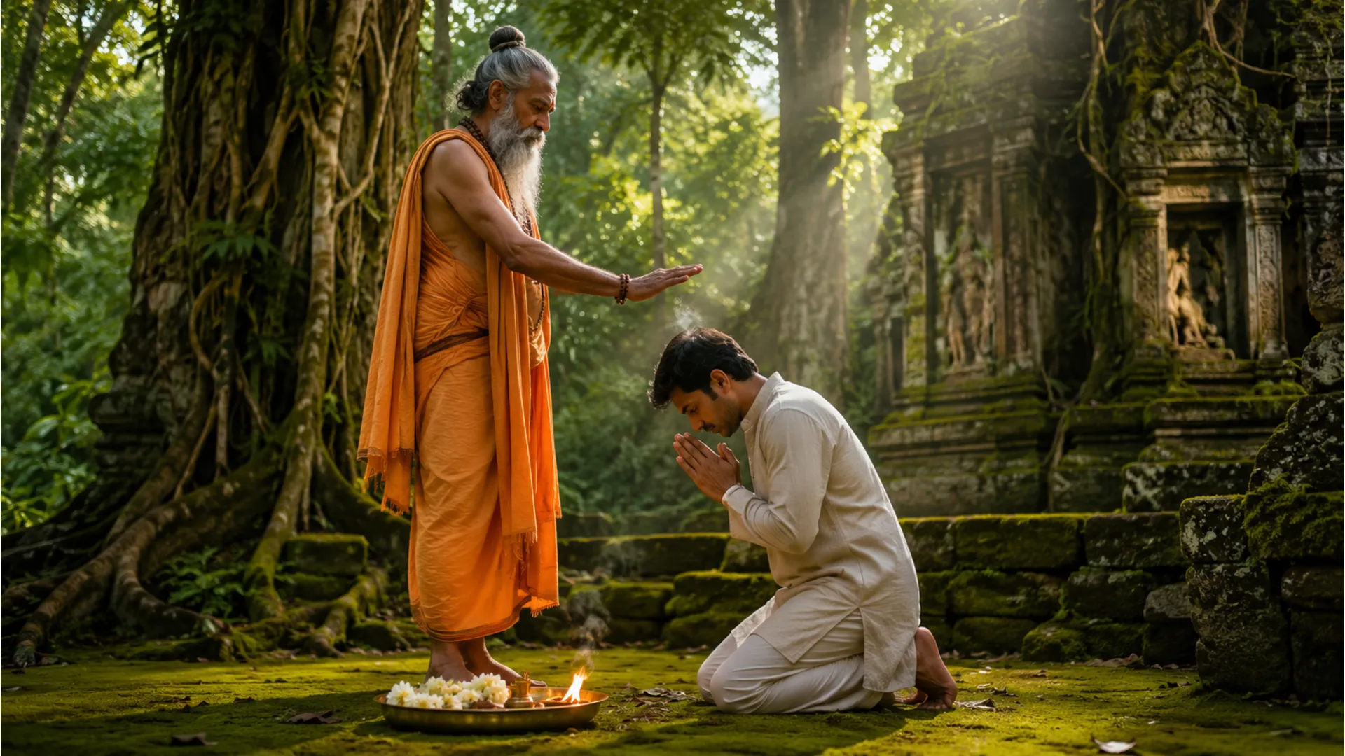 Spiritual guide blessing a devotee near an ancient forest temple ruins