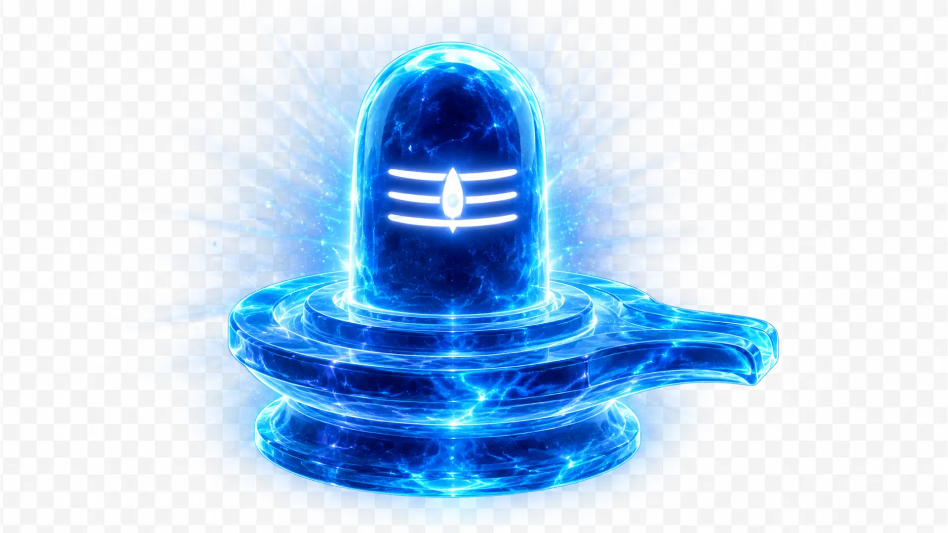 Artistic glowing neon blue cosmic shivling with subtle divine light rays, transparent PNG.