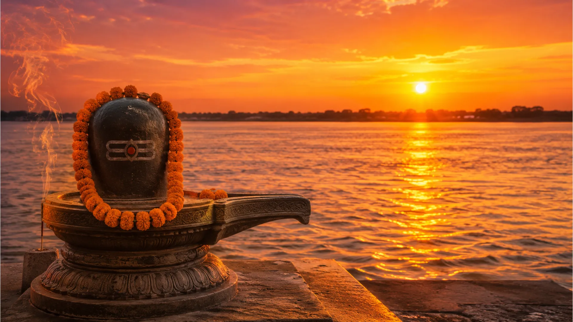 Golden hour shivling images full hd situated on a stone ghat next to the flowing River Ganga in Varanasi.