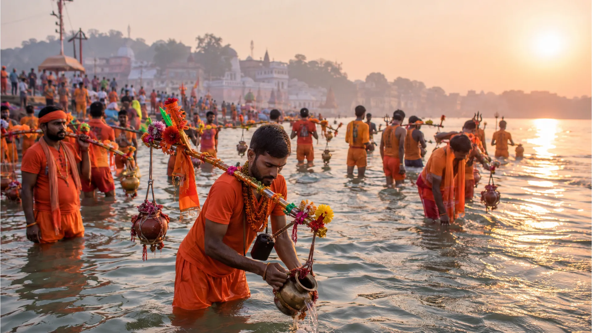 Mandir mein Shivalinga par Ganga jal charhate hue Kanwariya.