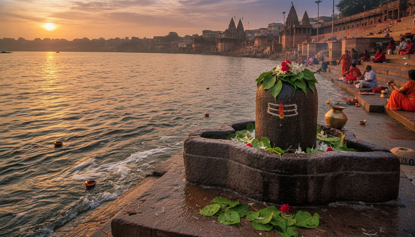 Natural stone Shivling located on the banks of the holy Ganges river during sunset.