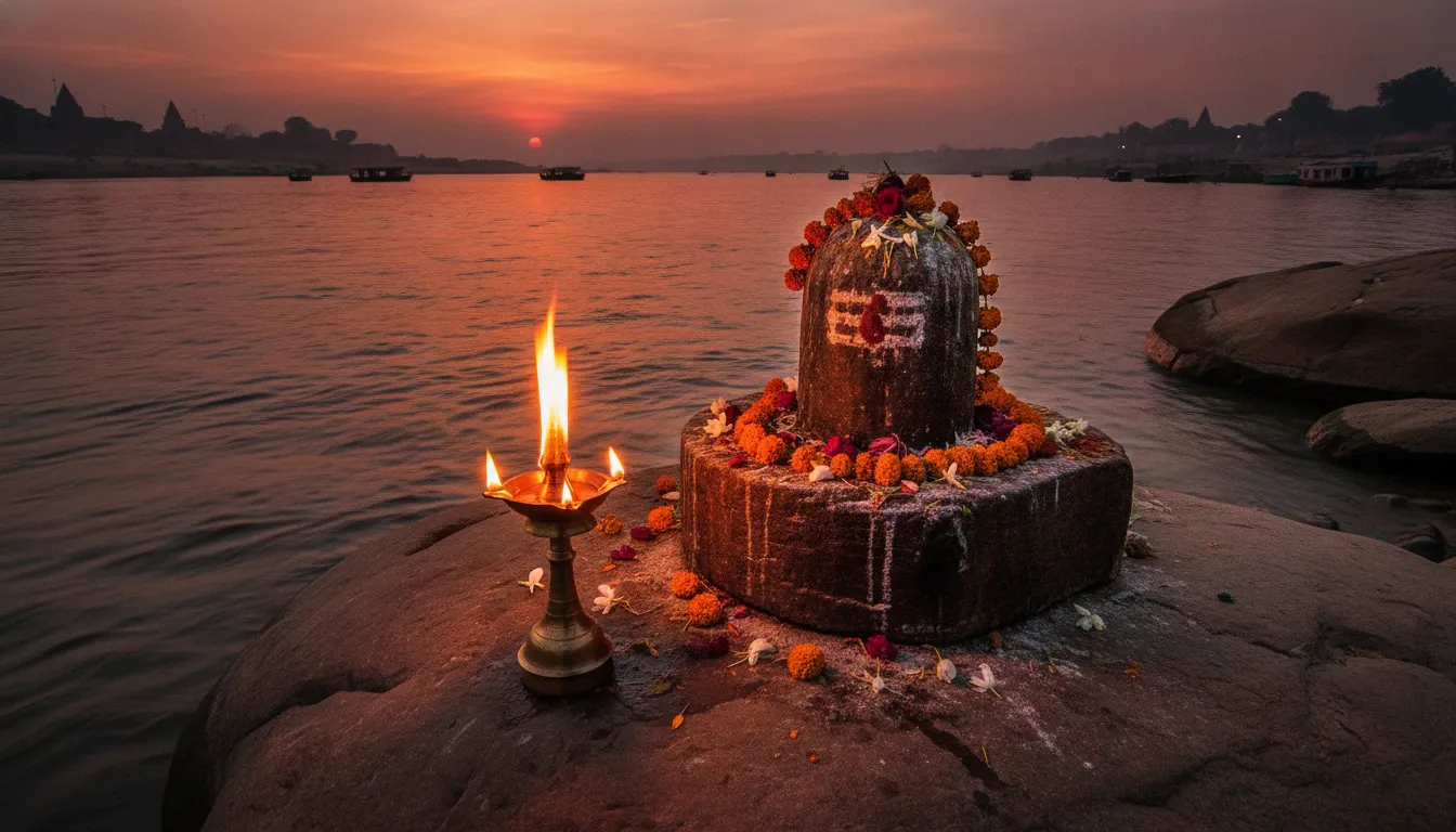 Stone Shivling built on the banks of river Ganga during sunset with burning camphor and evening prayers.