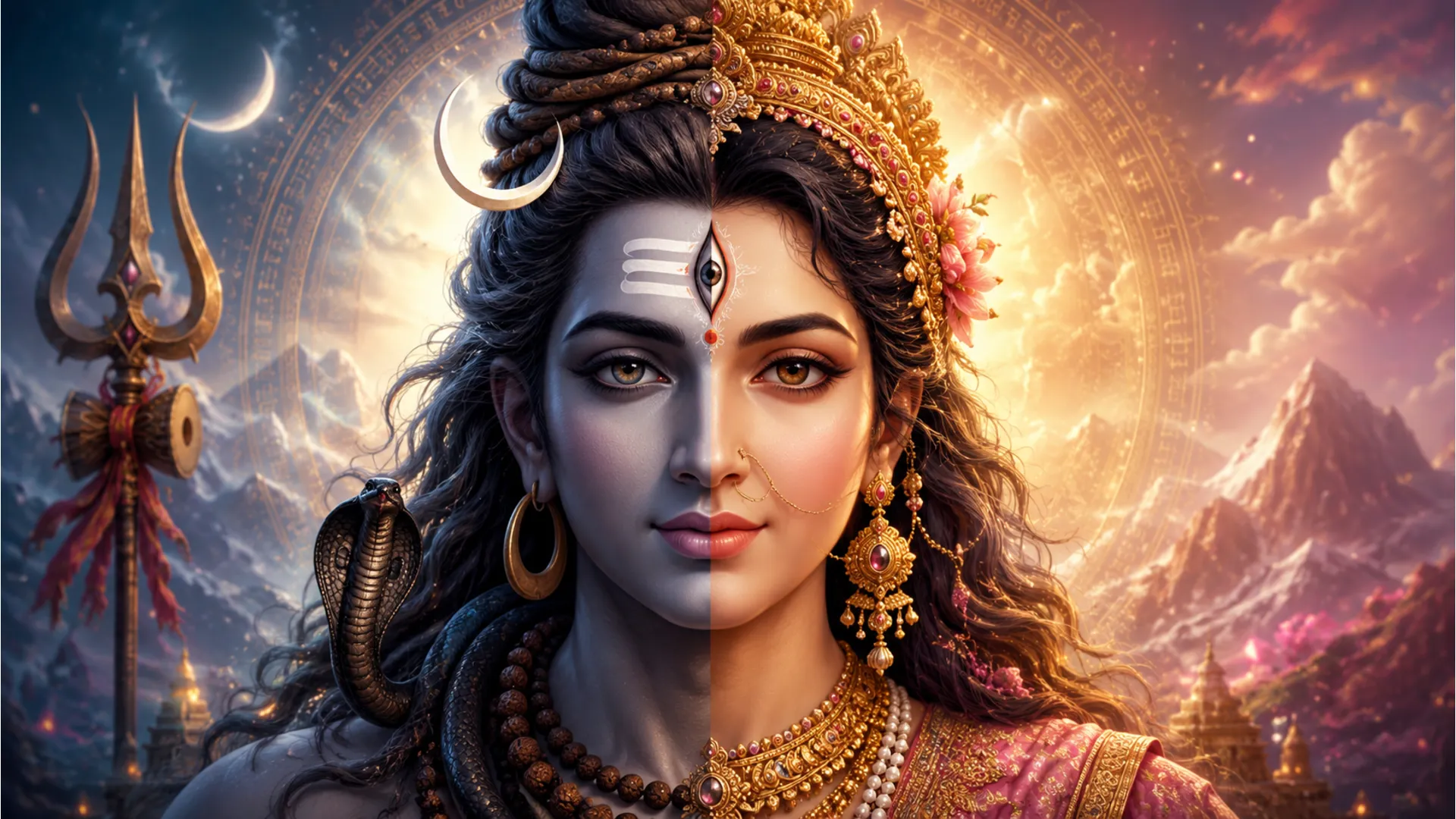 Detailed portrait of a face split perfectly between masculine composure and feminine serenity.