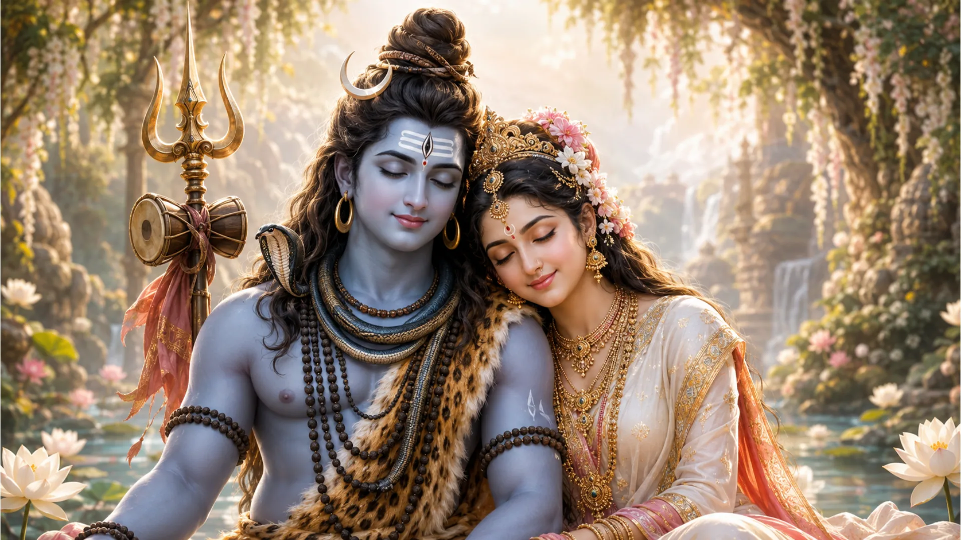 Romantic spiritual portrait of Shiva and Parvati with closed eyes and gentle smiles in a garden setting.