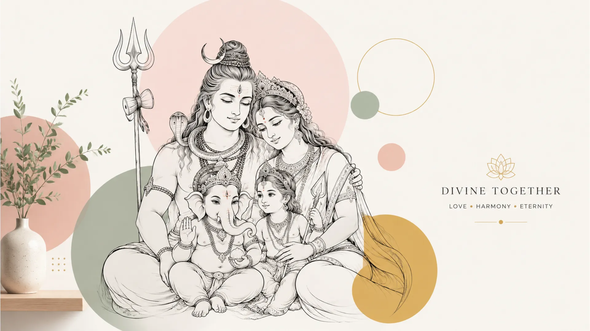 Contemporary line art poster of Shiva, Parvati, Ganesha, and Kartikeya combined with soft pastel geometric circles on a white backdrop.