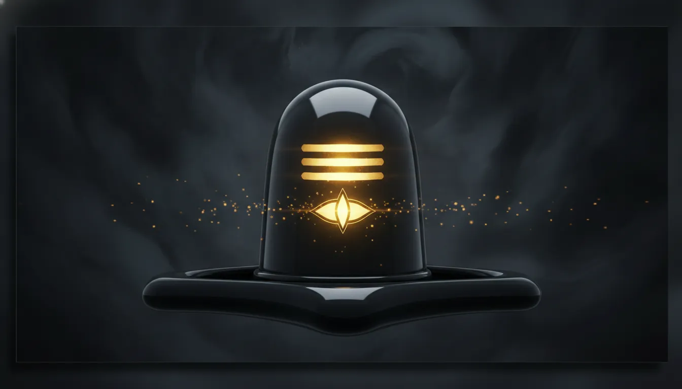 Artistic black Shivling featuring a brilliant glowing golden Tripundra and the sacred third eye of Shiva