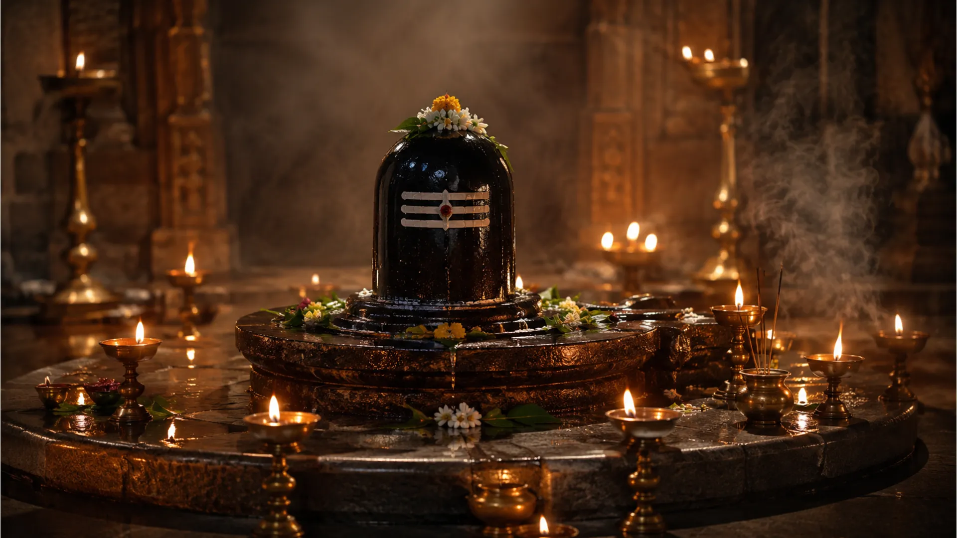 Evening prayer lamps illuminating a dark granite Mahadev Shivling.