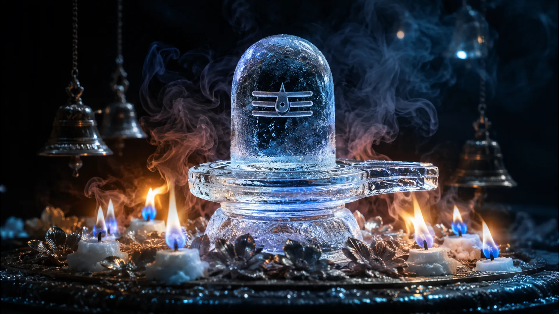 An ice Shivling decorated with burning pieces of camphor casting a bright blue and white glow