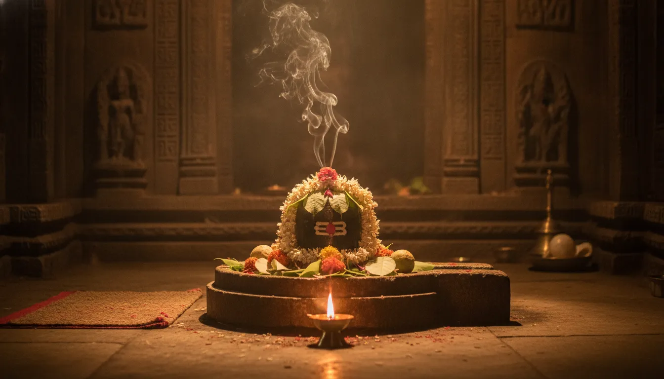Close-up sawan shivling image glowing under the light of a traditional brass diya.