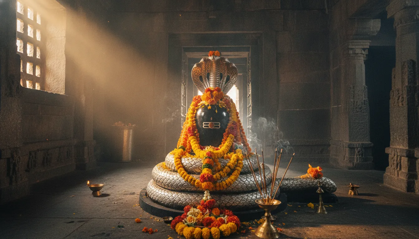 Mystical full hd image of a glowing stone shivling decorated with a silver snake and flowers.