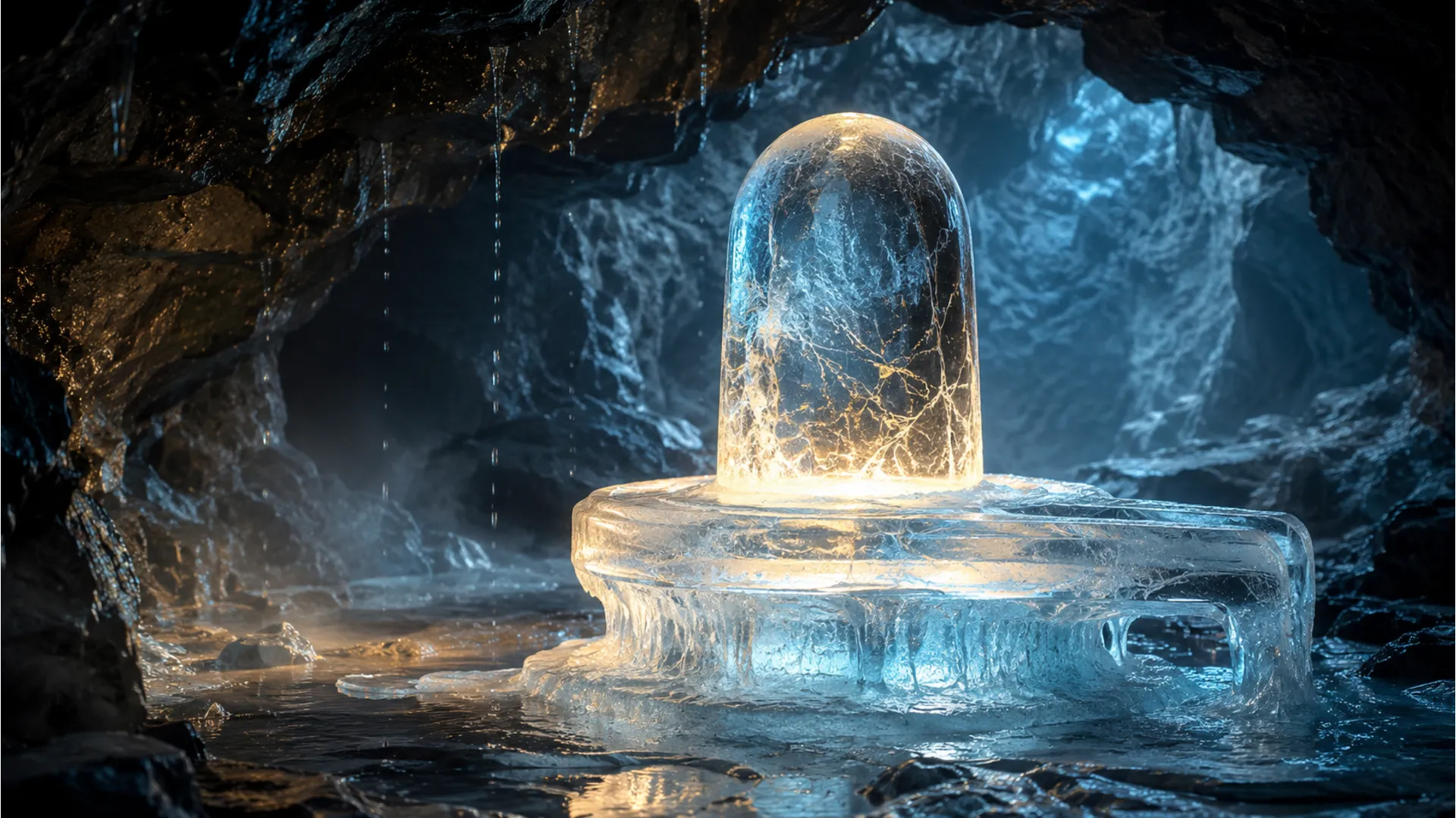 Natural ice shivling forming inside a sacred Himalayan cave with glowing light.