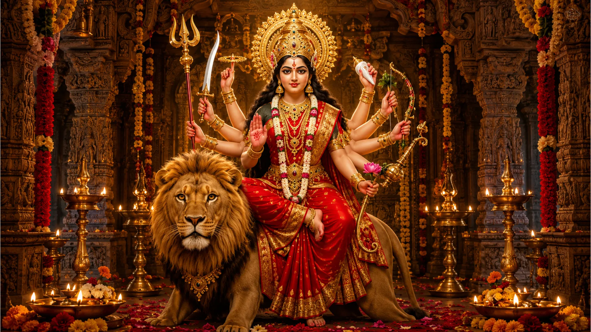 Powerful artwork of Goddess Durga riding a lion with multiple arms holding sacred weapons in a bright glowing temple.