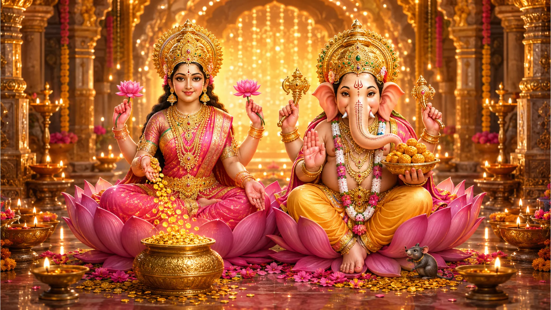 Auspicious temple artwork of Goddess Lakshmi showering gold coins and Lord Ganesha giving blessings during Diwali festival.