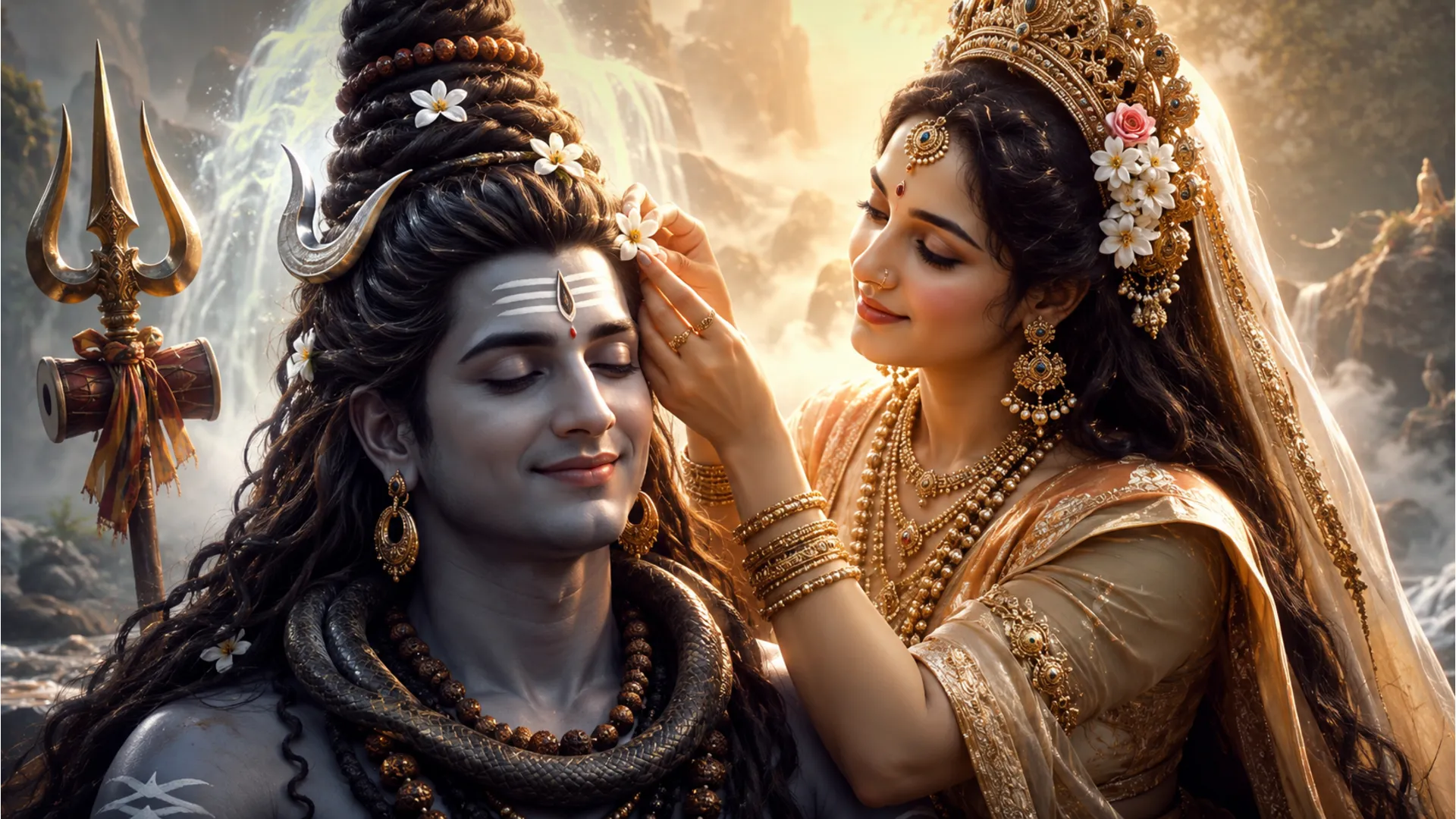 goddess parvati putting flowers in shiva hair close up spiritual art