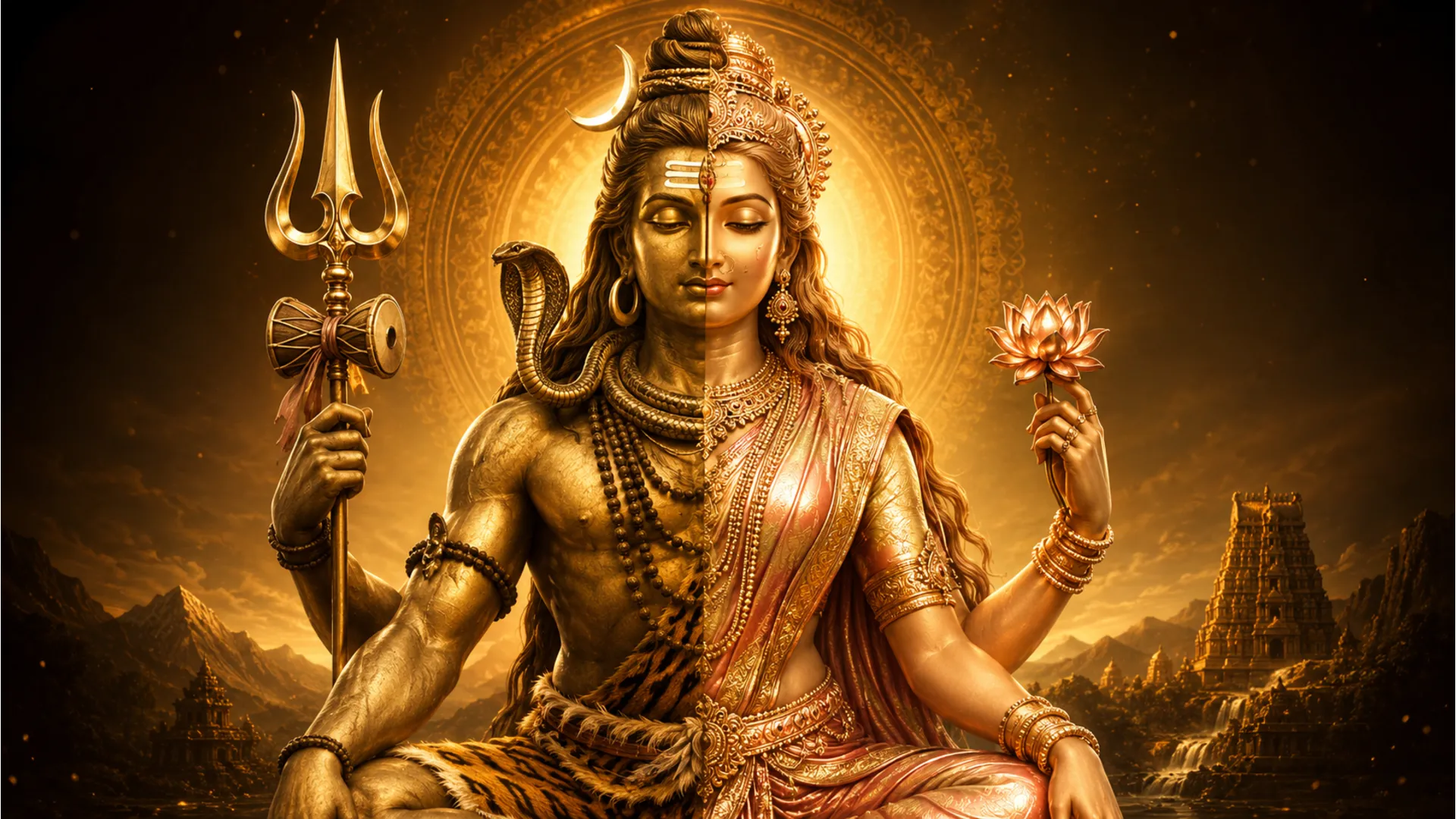 Golden representation of Ardhanarishvara symbolizing cosmic balance.