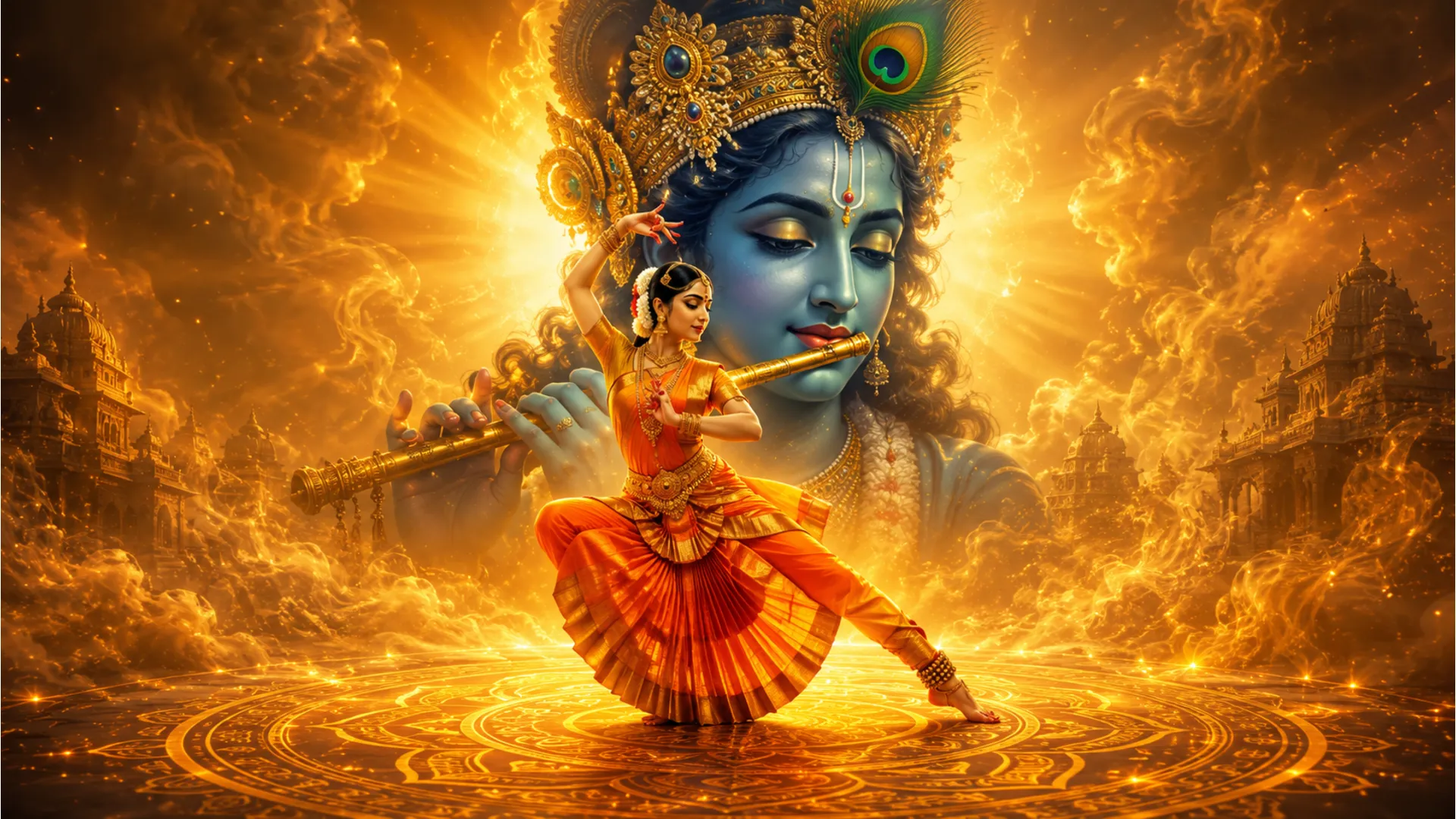 Spiritual illustration of a classical dancer surrounded by a glowing golden mandala and Krishna's face.