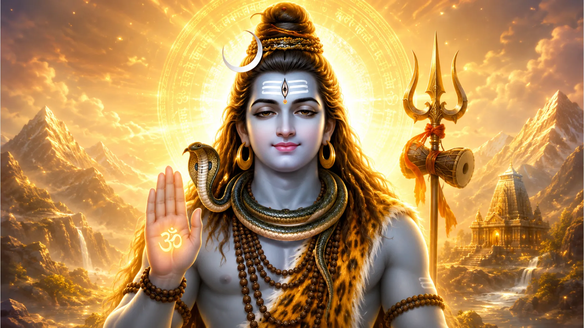 Blessing pose Har Har Mahadev photo in HD with intense golden aura.