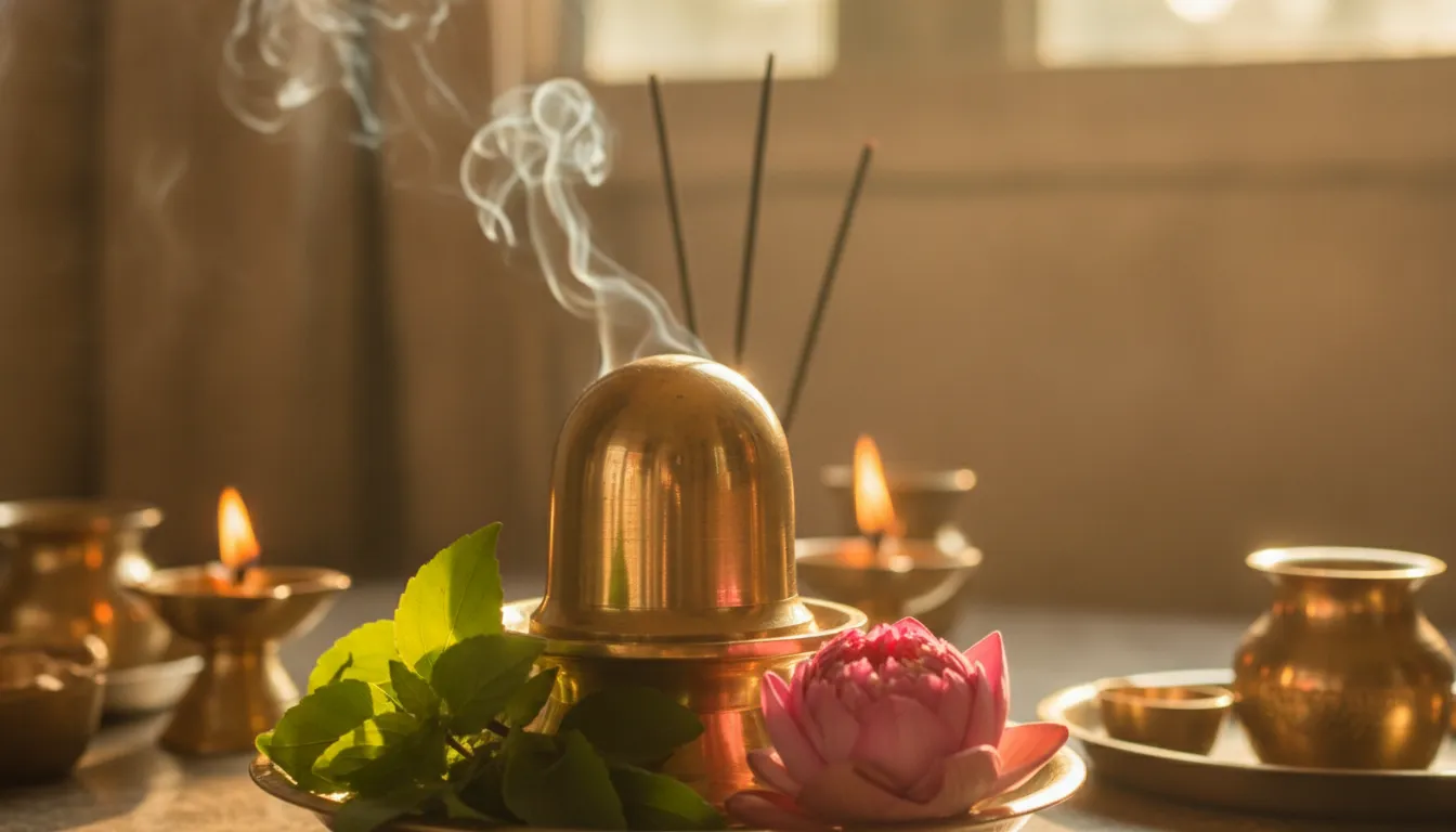 Shining brass Shivling illuminated by morning sunlight inside a home temple setup.