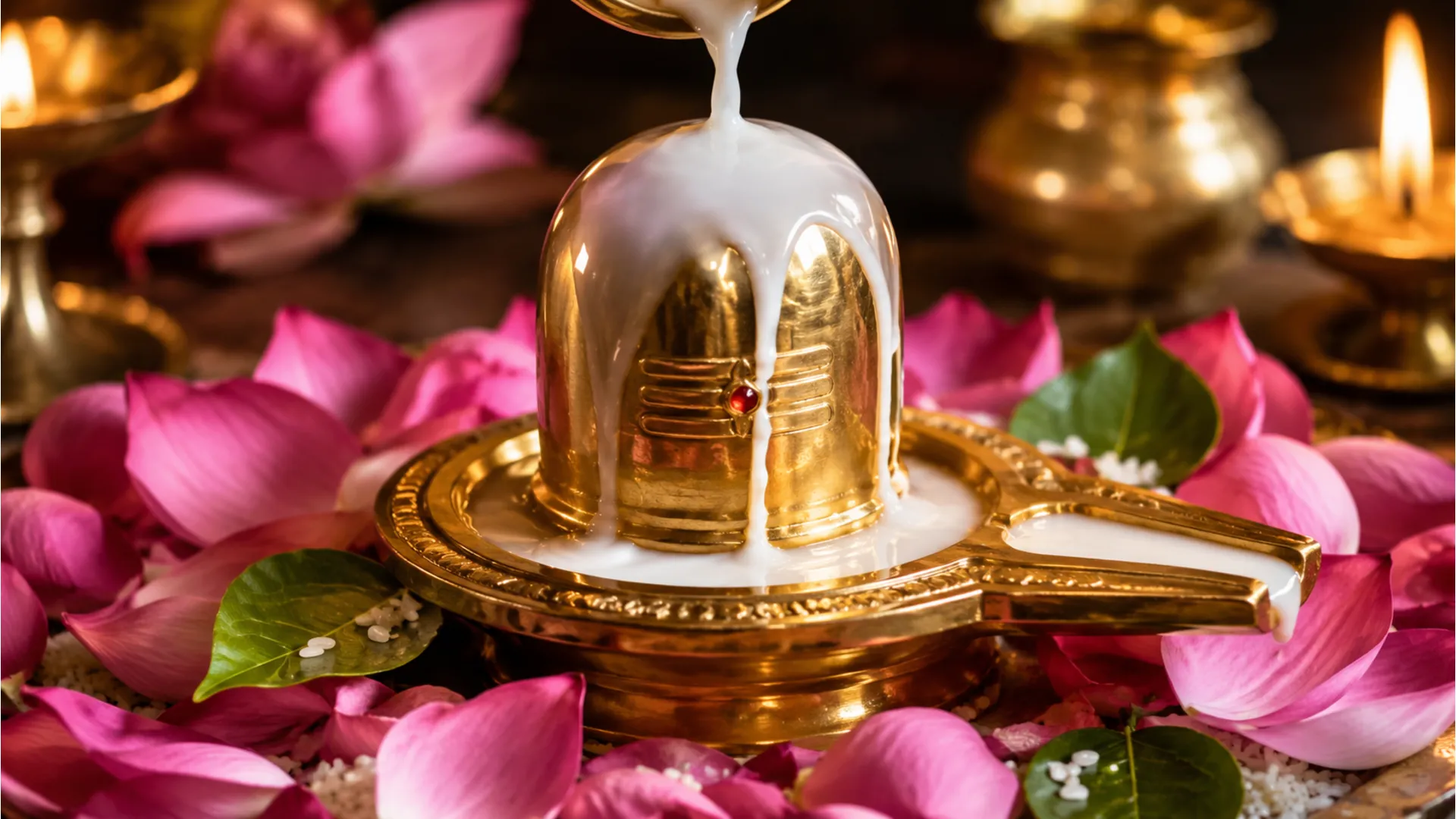 Shaining brass Shivling image photo during holy milk offering puja ritual