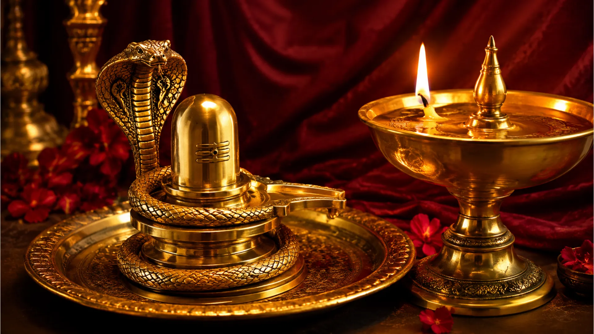 Full HD picture of a polished brass Shivling with a large burning oil lamp for Shivratri night.