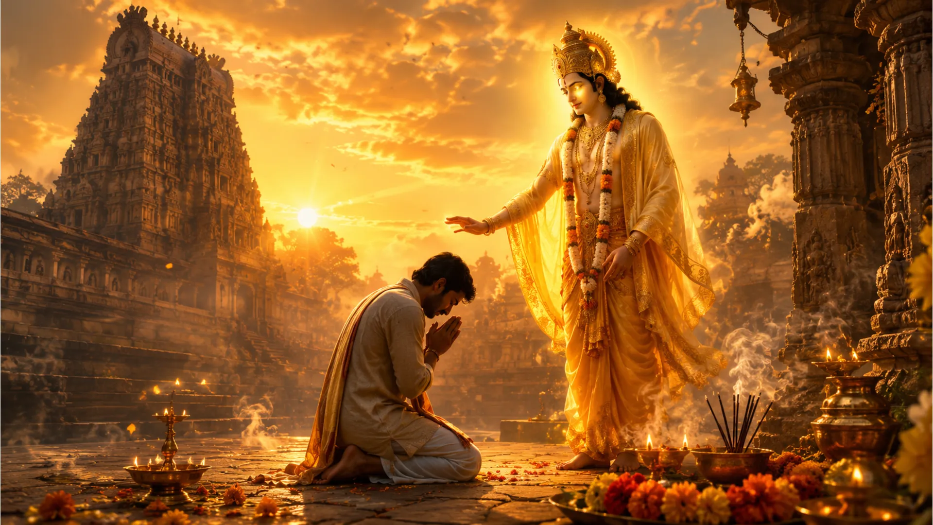 A radiant divine figure blessing a kneeling devotee outside a golden temple