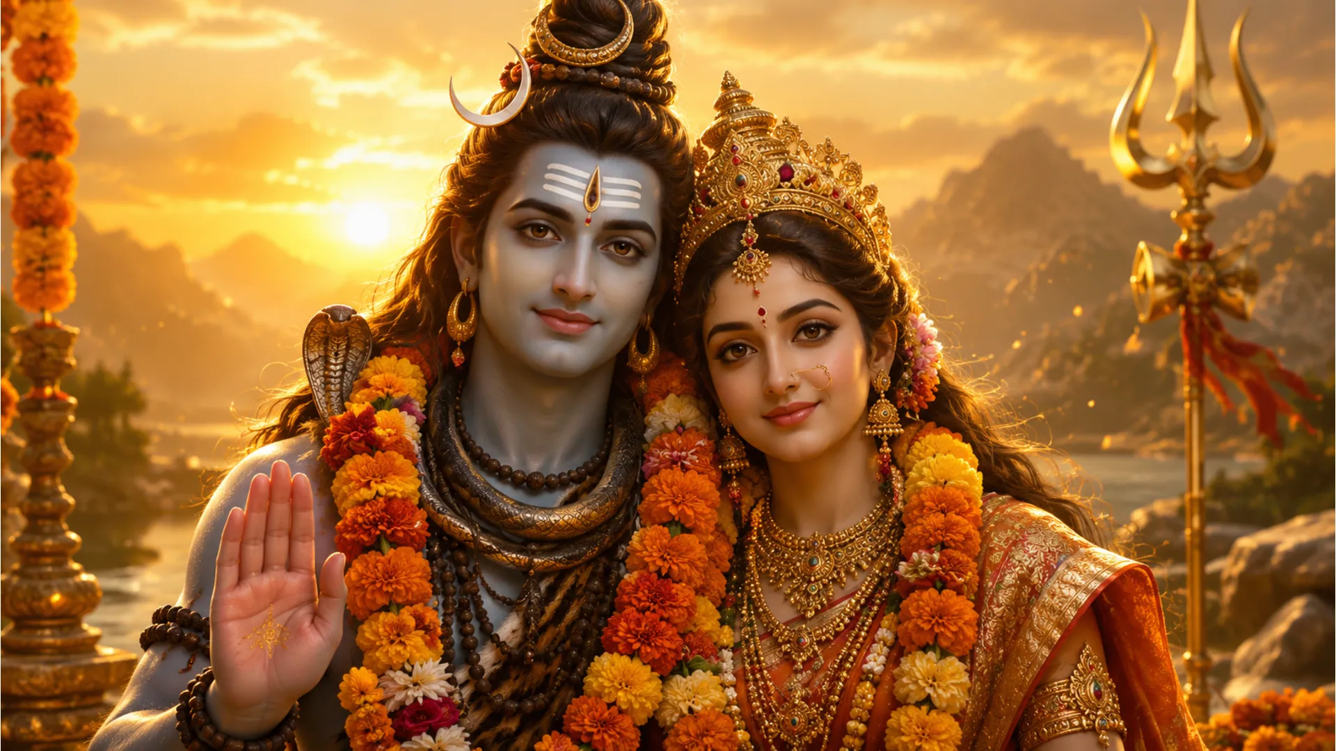 shiva parvati golden hour aesthetic portrait marigold garlands trishul
