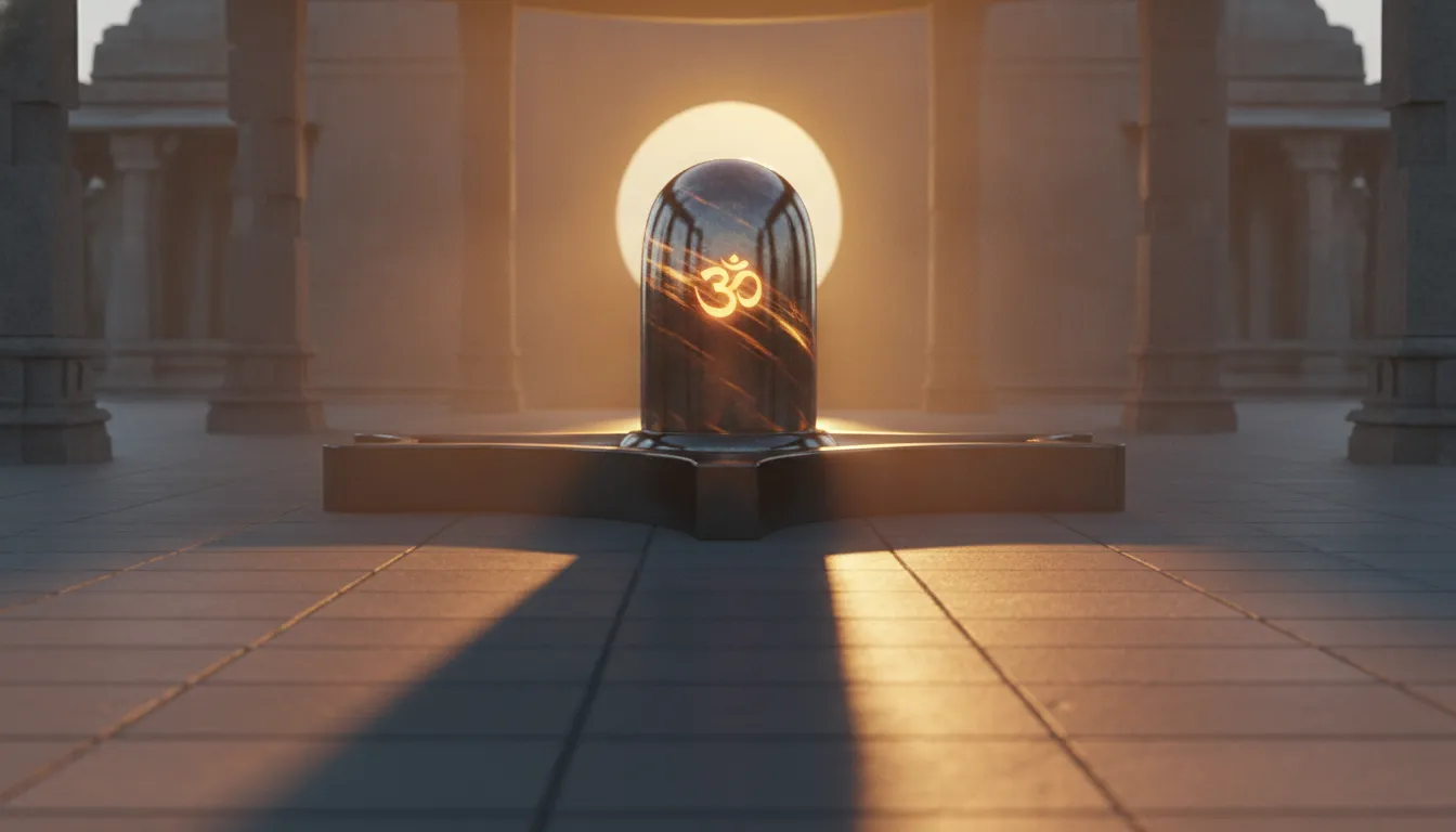 3D rendered Omkareshwar shivling image glowing under the soft warm light of the evening golden hour.
