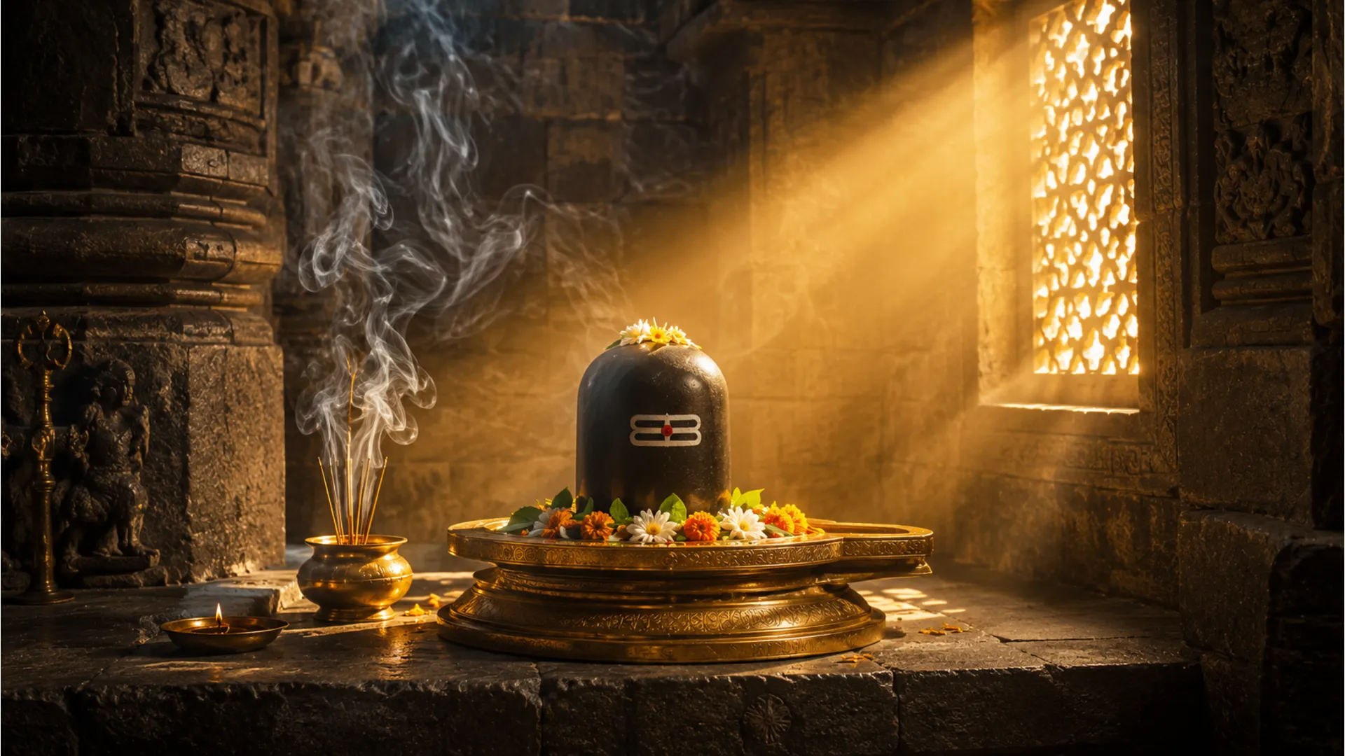 Interior of a temple sanctum with golden sunlight illuminating the Mahadev Shivling.