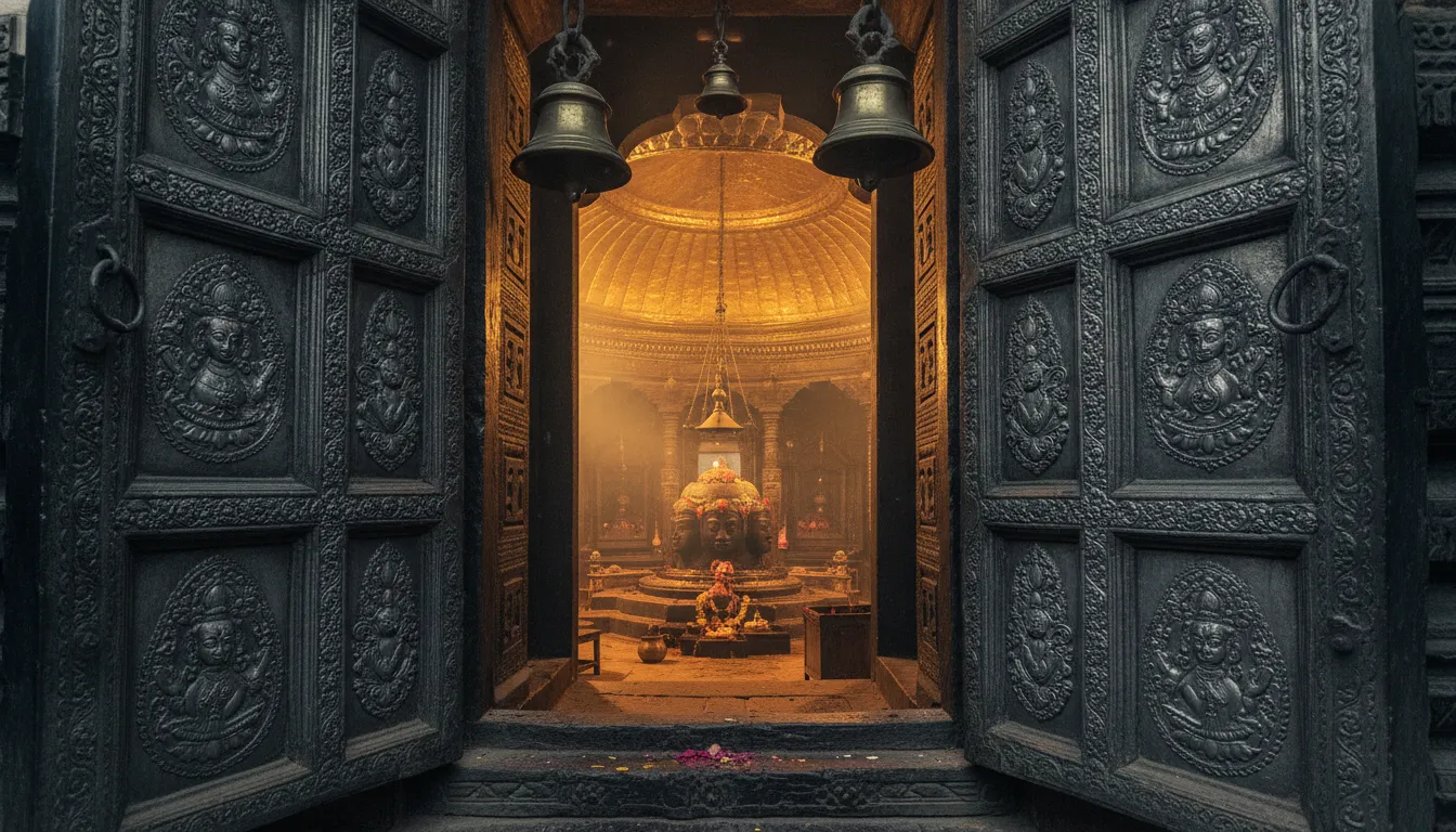 Golden entrance view capturing images of shivling at pashupatinath temple surrounded by traditional brass decorations.