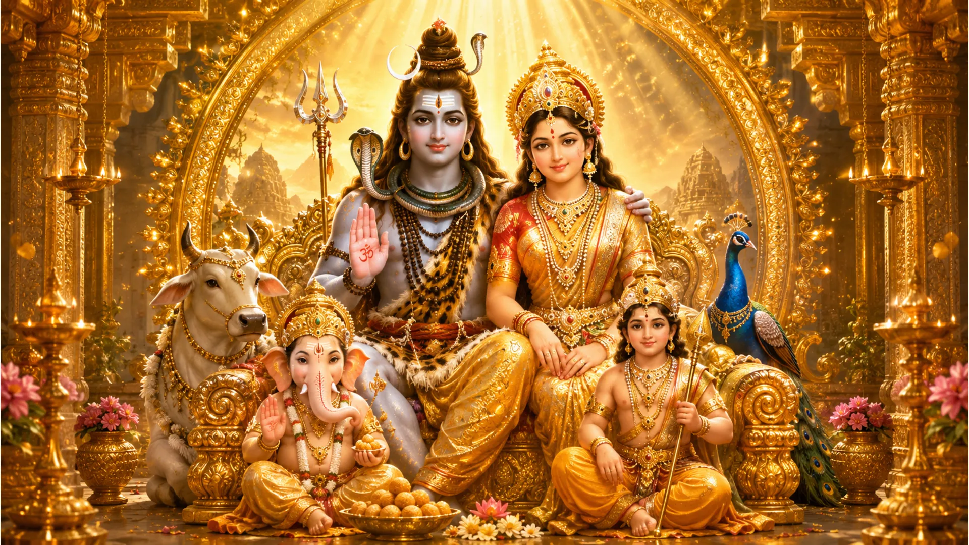 Har har mahadev gold photo featuring the complete Shiva family in gold.