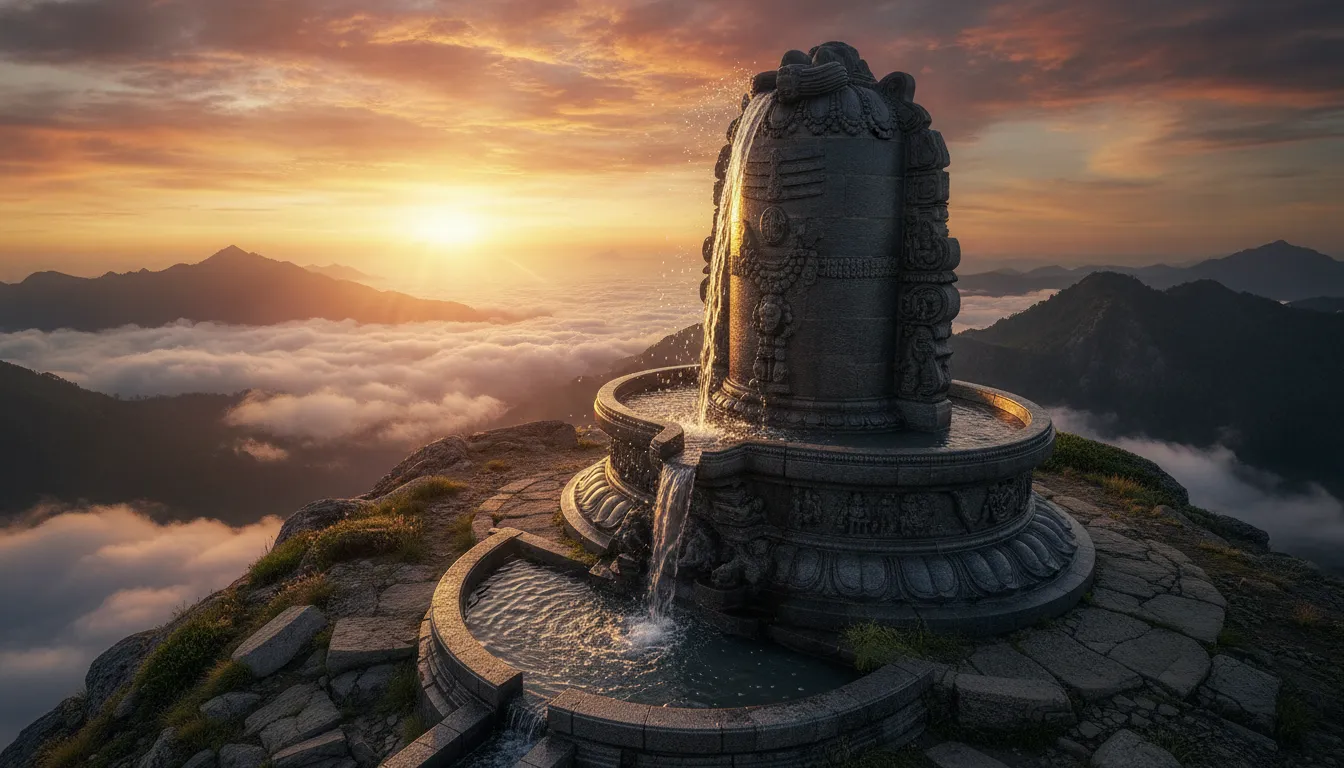 Majestic Bahubali Shivling on a mountain peak during a golden sunset.