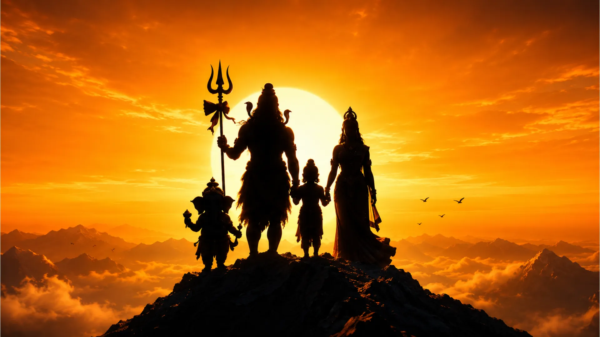 Minimalist golden silhouette Har Har Mahadev family photo HD against a sunset sky.