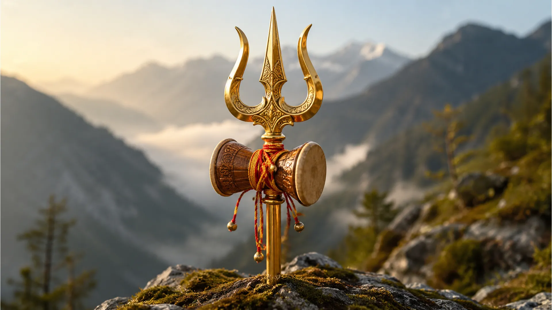 Close up shot of golden Trishul and Damru of Lord Shiva