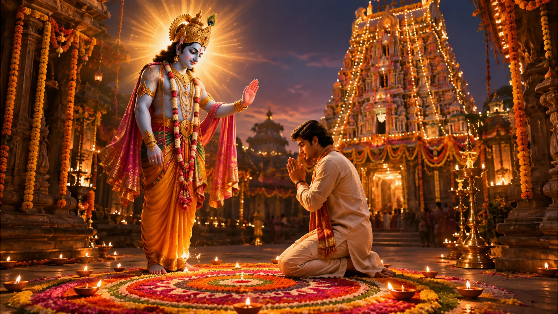 Celestial deity blessing a devotee during a temple festival celebration