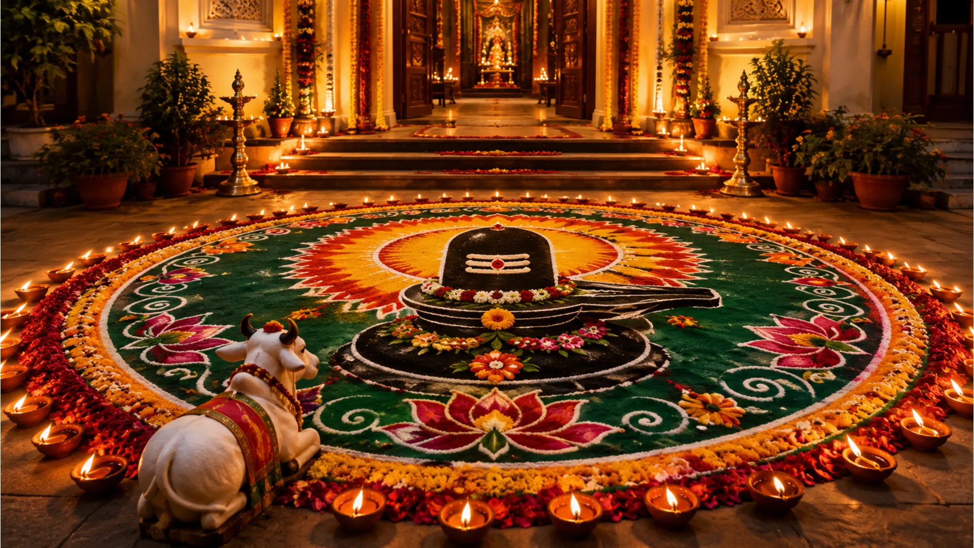 Full HD image of a welcoming floor rangoli at a temple entrance showing a Shivling with a small Nandi design.