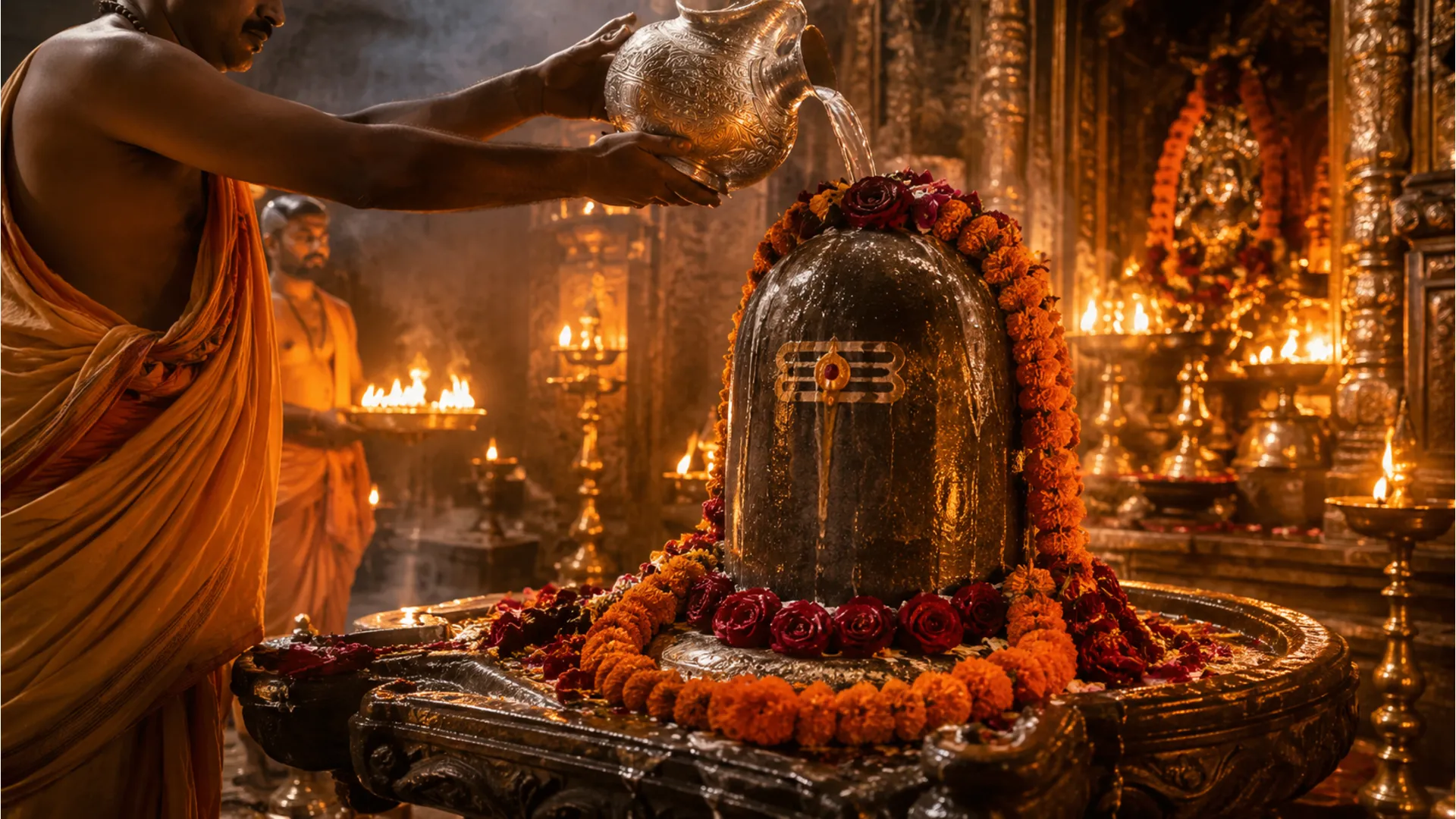 Shivling being offered water during an evening temple ritual surrounded by glowing brass diyas.