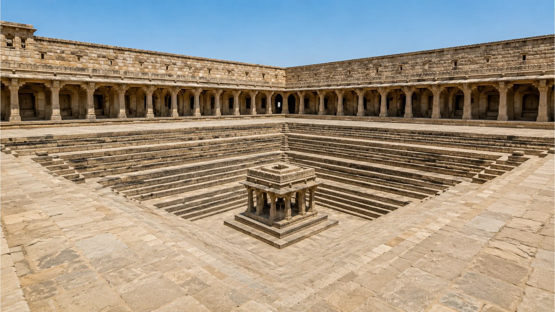 Clear photographic view of the empty square reservoir where the stone structure was discovered.