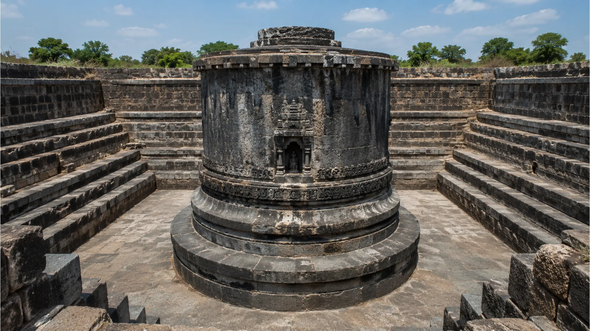 A Full HD image showing the dark stone structure located inside the central water tank of the Gyanvapi complex.
