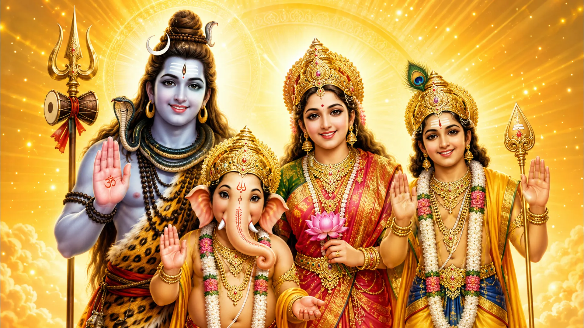 Welcoming cartoon-style artwork of the complete Shiva family waving happily with friendly smiles.