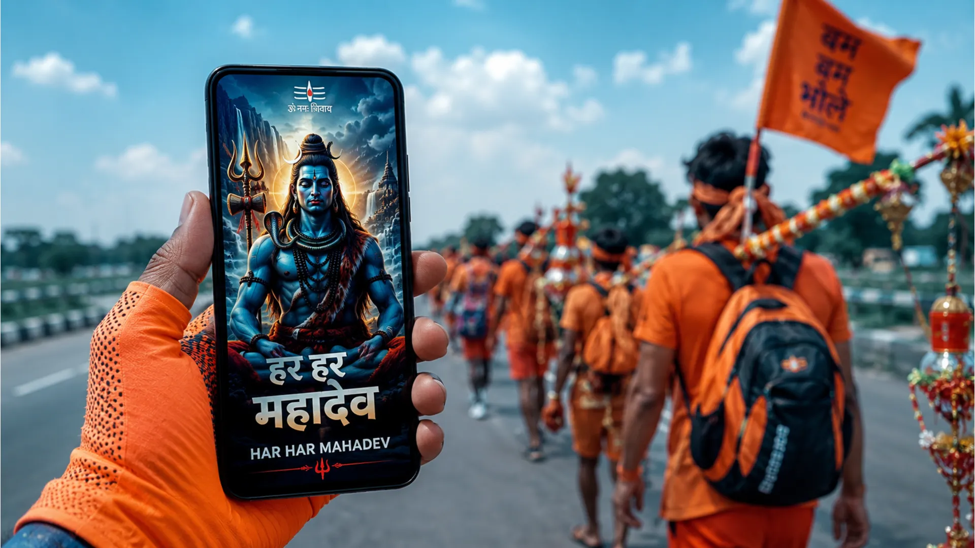 Phone par Mahadev wallpaper ke sath Kanwar yatri - modern style status.