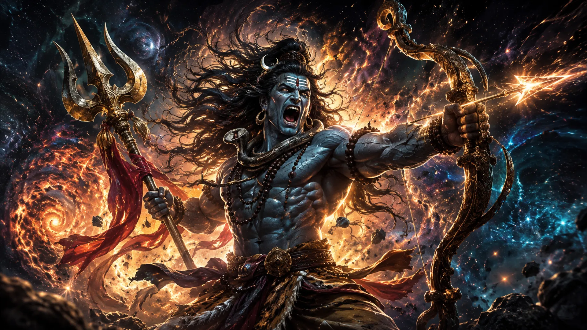 Lord Shiva shouting the cosmic roar of Har Har Mahadev in an epic battle pose.