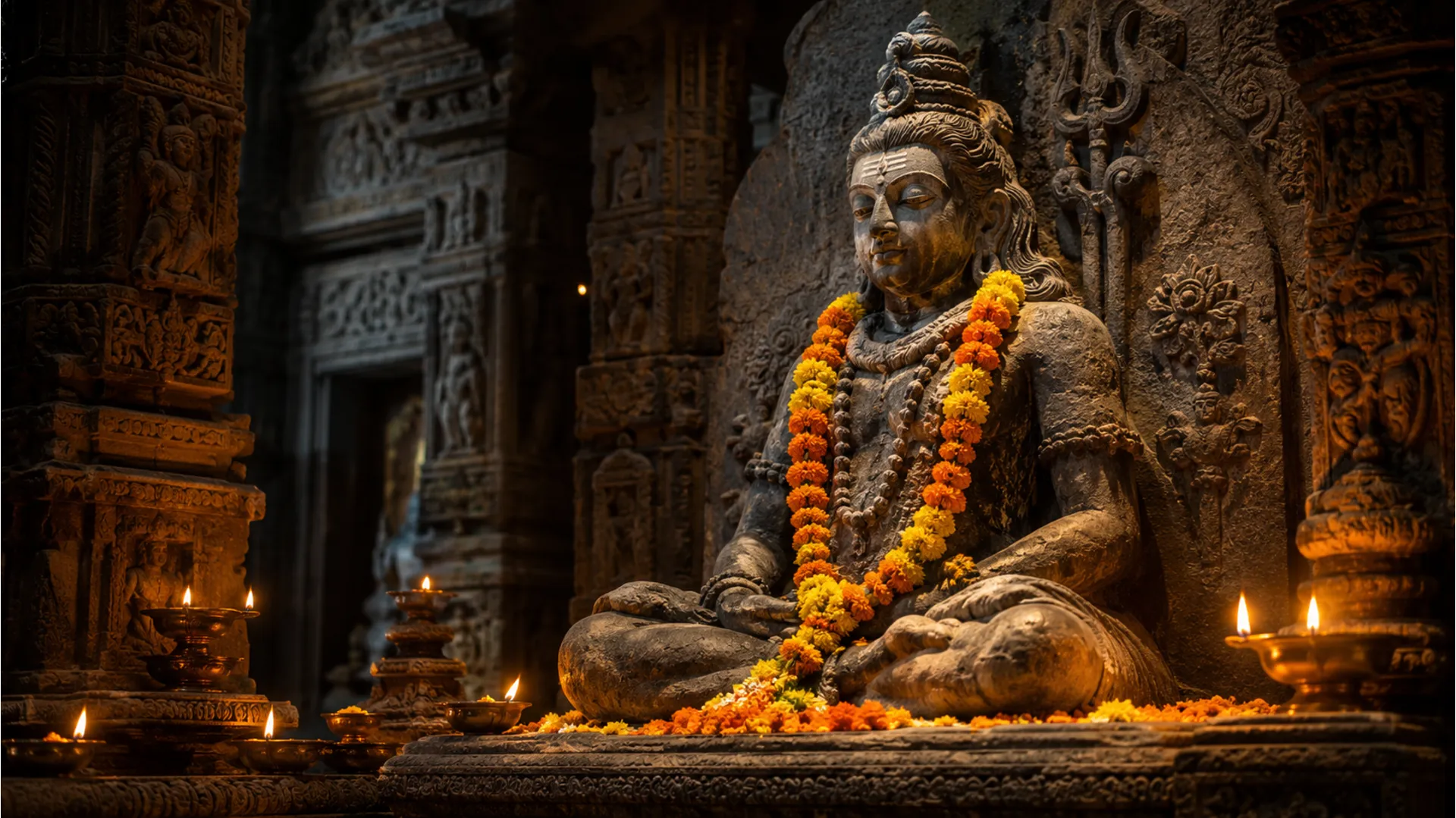 Realistic 4k image of an ancient, detailed stone statue of Lord Shiva inside a carved temple.