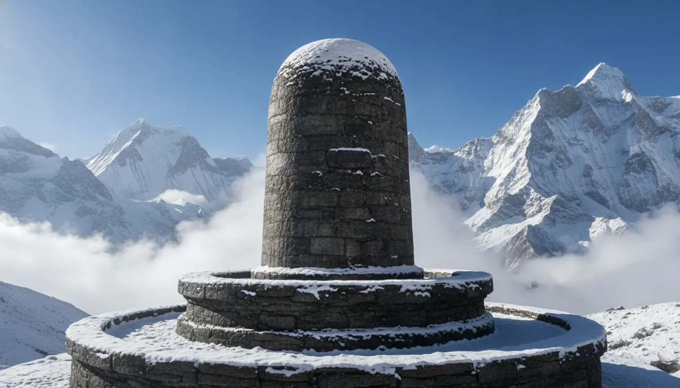 Ancient Bahubali Shivling surrounded by snow-capped Himalayan peaks.