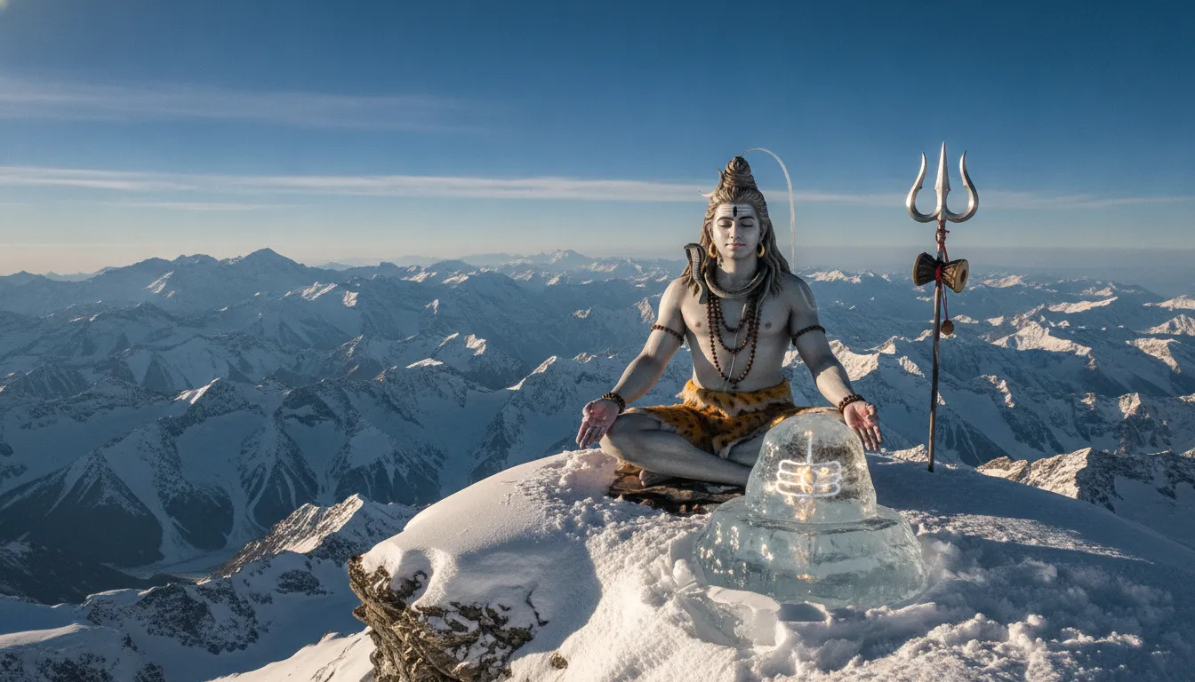 Lord Shiva standing on Mount Kailash next to a sacred natural ice Shivling surrounded by snow peaks.