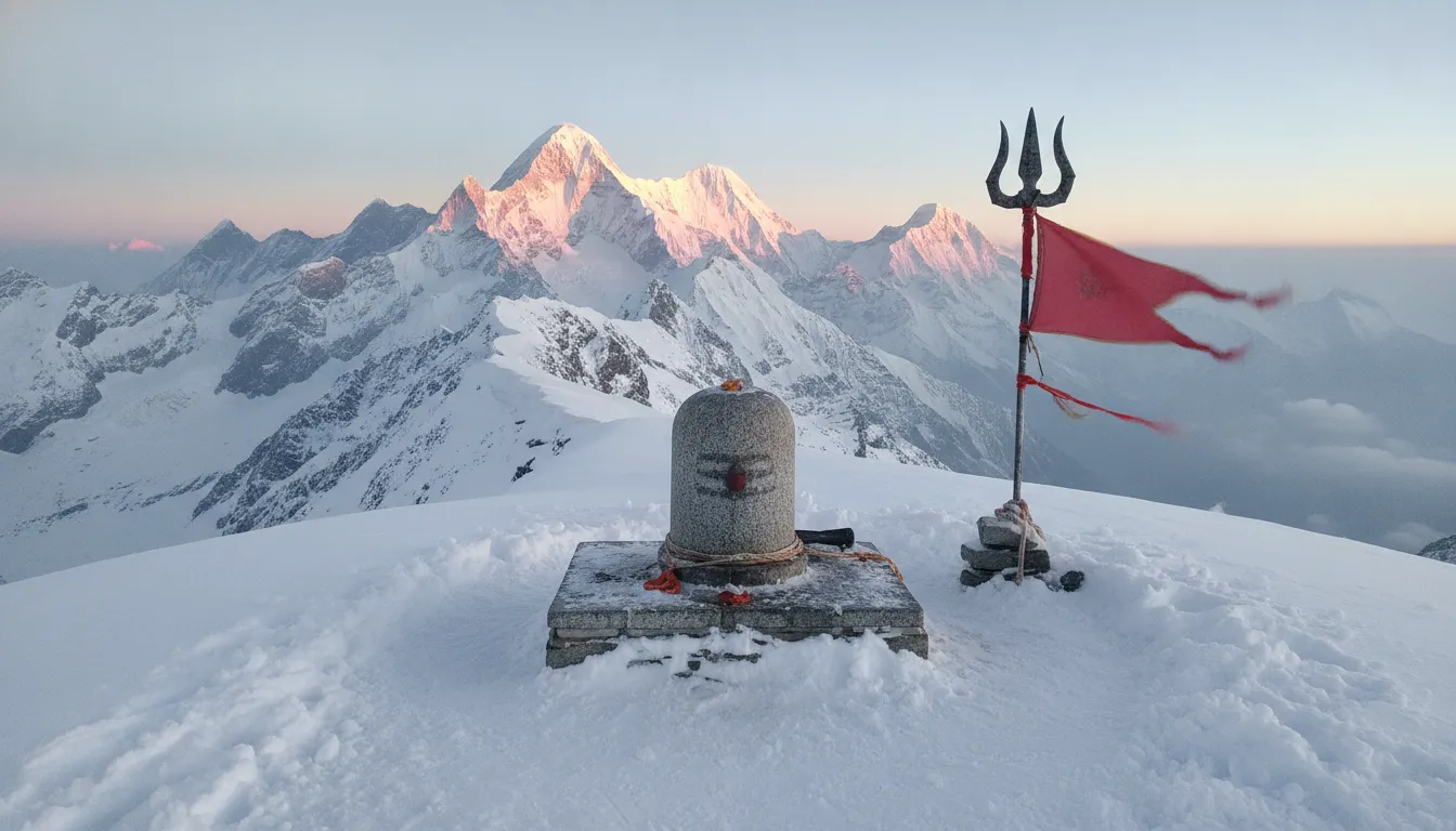 Ancient stone Shivling on a snow-covered Himalayan peak during a golden sunrise.