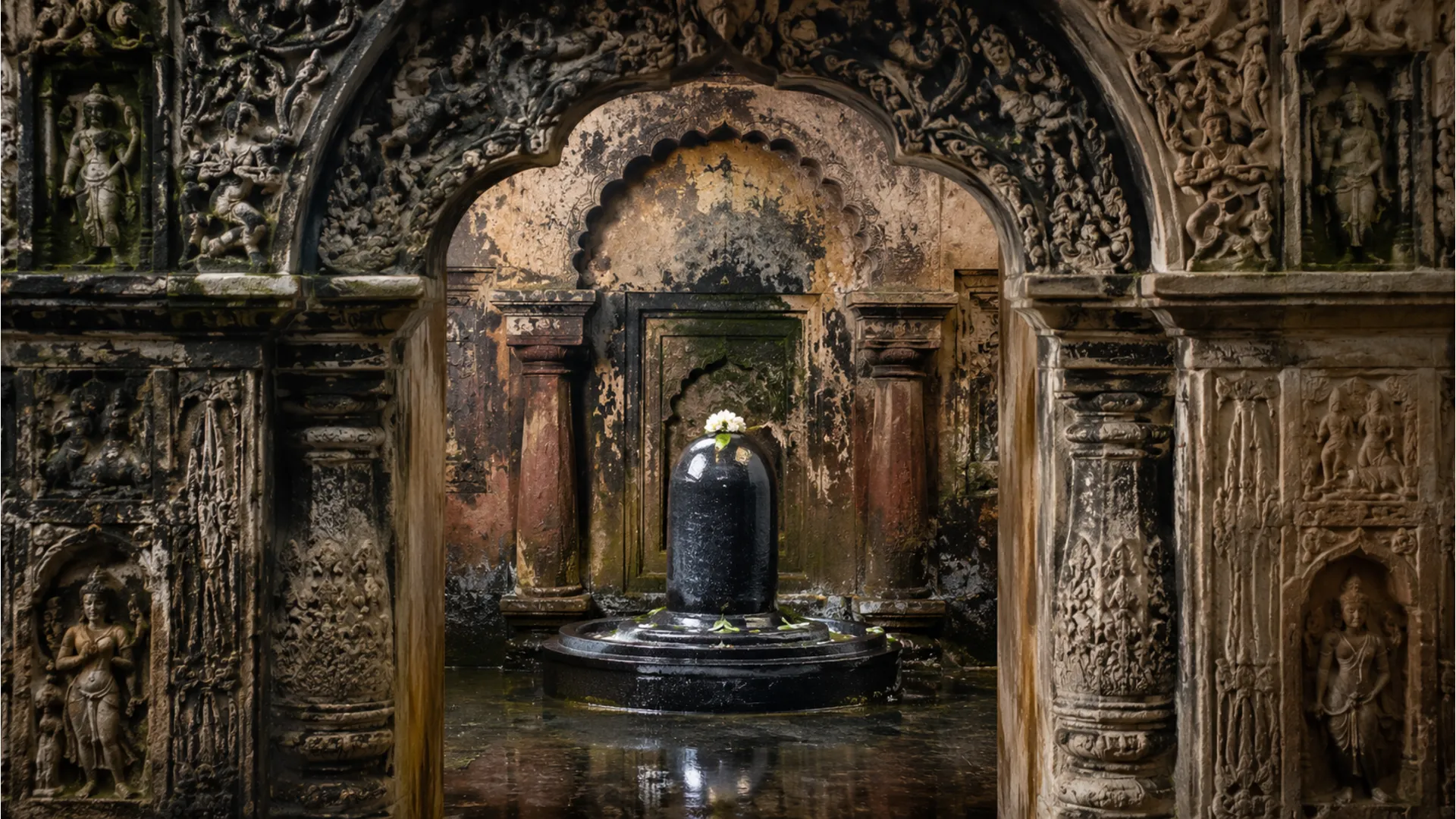Historic stone temple backdrop framing a traditional Tarakeswar shivling image.