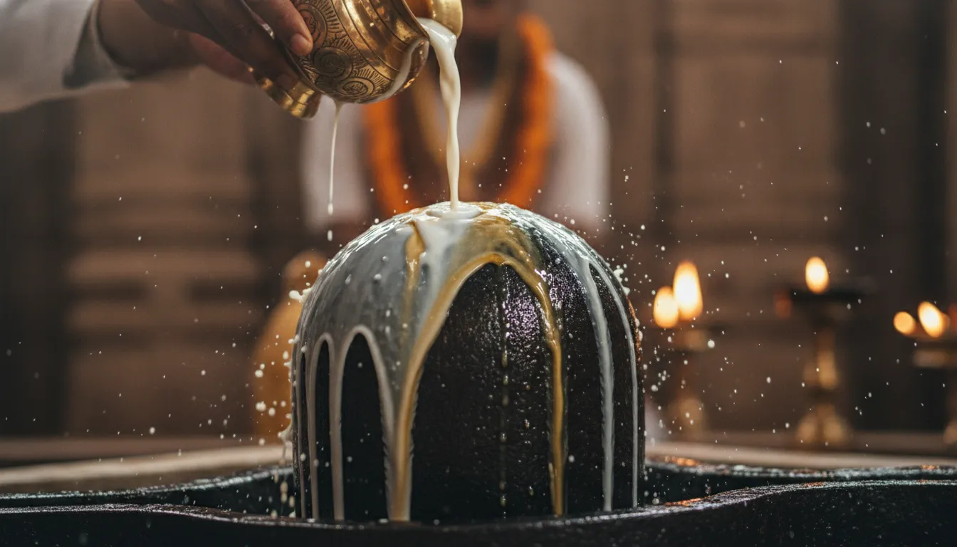 Beautiful Omkareshwar shivling image capturing the holy ritual of milk and honey abhishek.