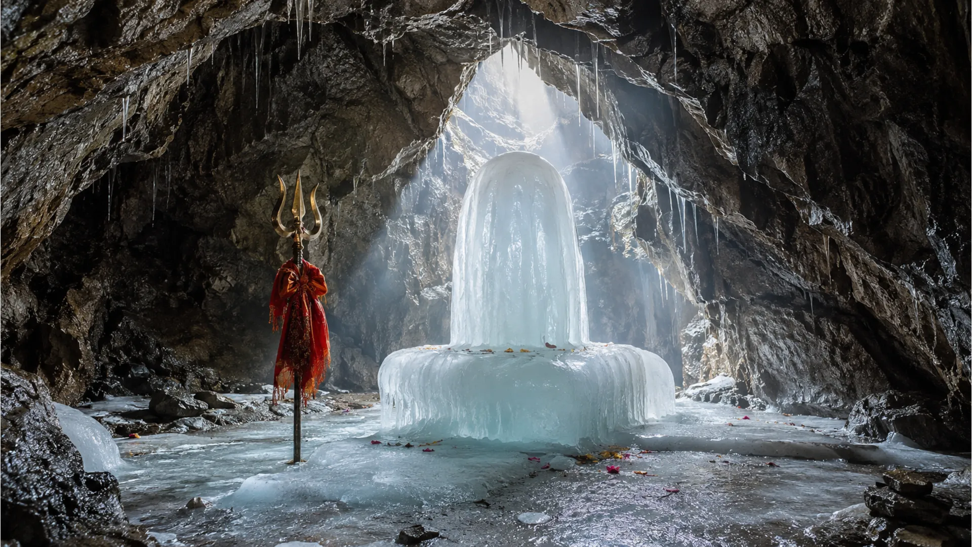Holy natural ice Shivling photo image inside the sacred cave of Amarnath surrounded by snow.